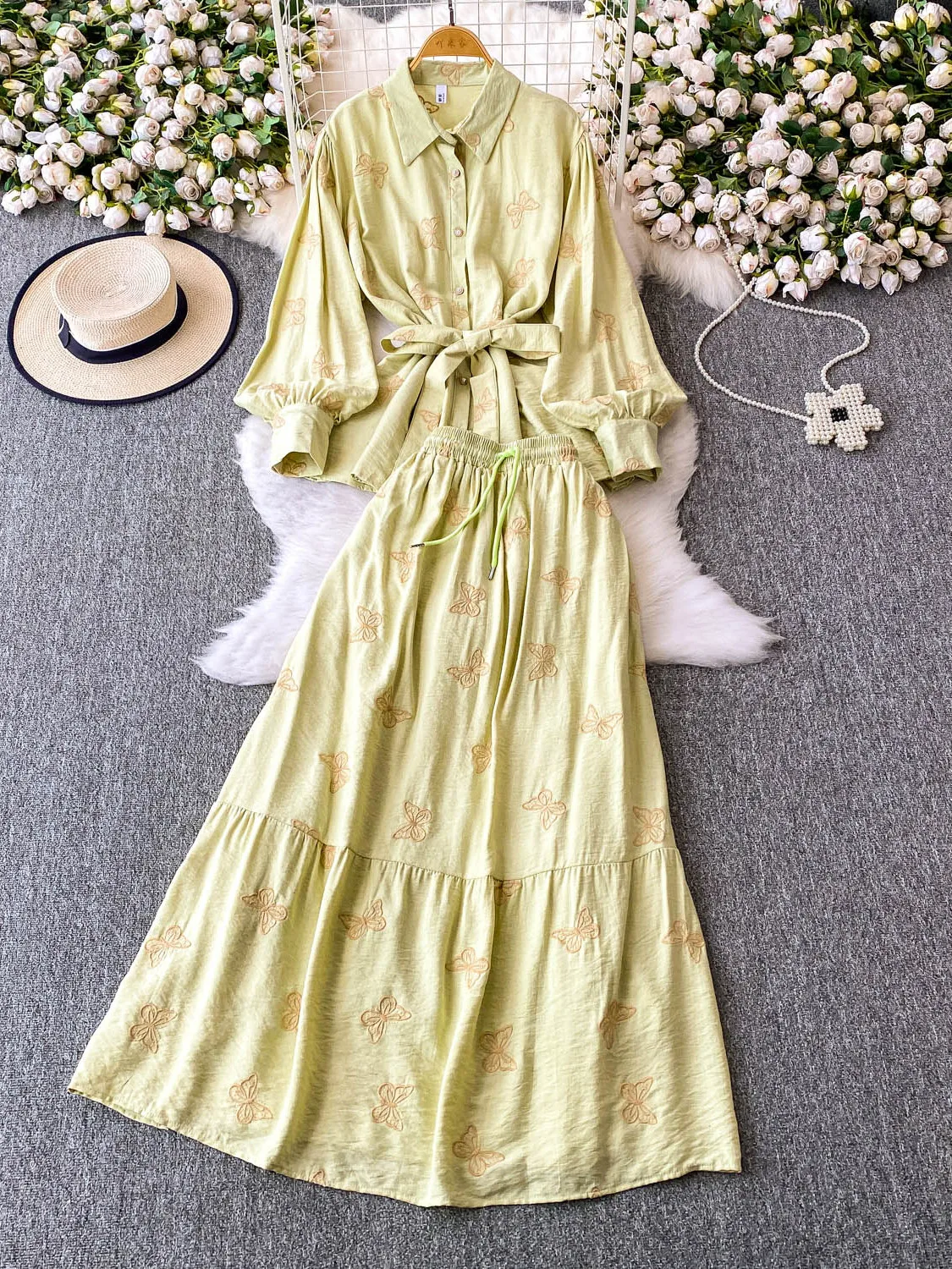 

Ele Pink Heavy Embroidery Long Sve irt и юбка с высокой талией, женская модная рабочая одежда с воротником и пуговицами