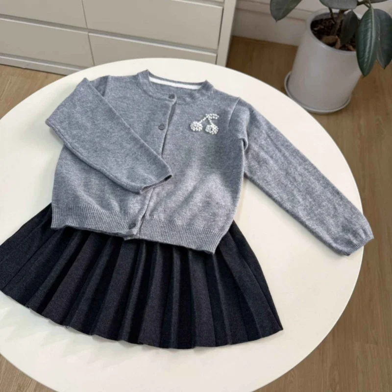 BP 2026 Spring New Beading Cardigan Cotton Thin Cardigan For Kids Grey Sweater Cherry Knitted Shirt Baby Air Conditioning Shirt