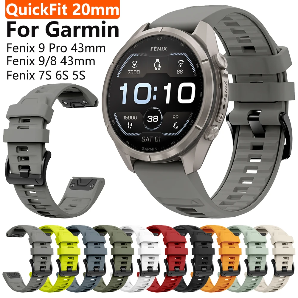 QuickFit 20mm Silicone Strap For Garmin Fenix 9 Pro 43mm Watch Band For Fenix 8 43mm 7S 6S/Instinct 2S/Mk3 Mk3i 43mm Bracelet