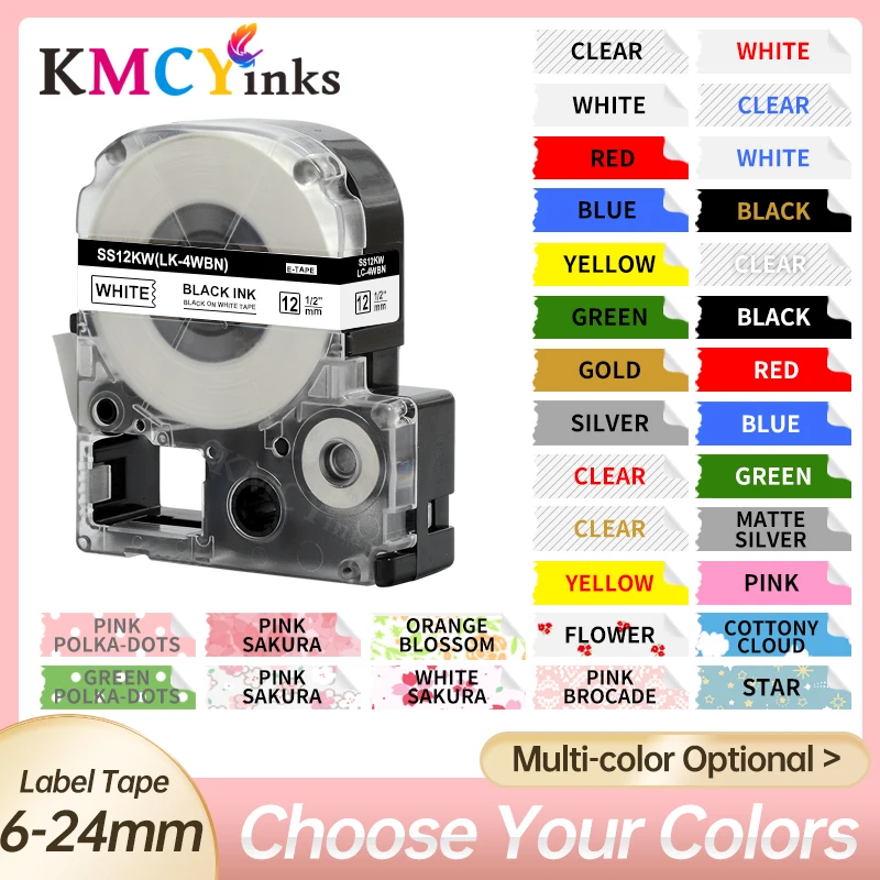 

KMCYinks 1 PCS Label Tapes SS12KW Compatible for EPSON LW-300 LW-400 LW-600P LW-700 LC-4WBN9 Printer 6/9/12/18/24mm Label Maker