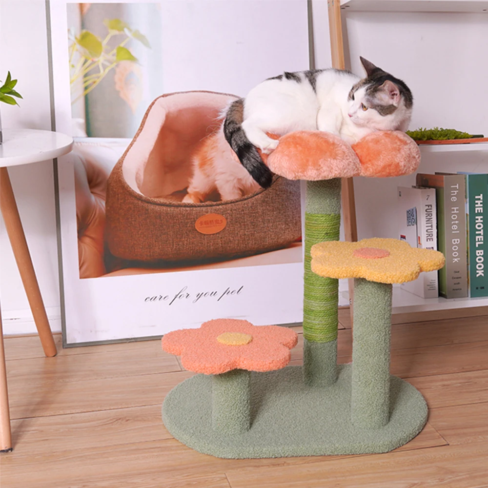 

Geshifeng Safety Durable Cat Flower Scratching Post Wood Cat Scratch Play House With Sisal Rope Cat Tree Tower For Indoor