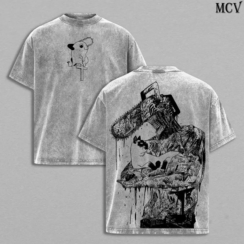 

Chainsaw Man Denji Tee – Vintage Washed Heavy Cotton Oversized T-Shirt, Double Printed Anime Manga Graphic Top, Retro Unisex Str