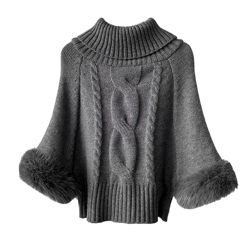 WHTREND شتاء جديد متعدد ارتداء خارج الكتف صوف الأغنام يشعر عالية الرقبة سترة الفراء الأكمام بلوفر مغزول WH2238 #6