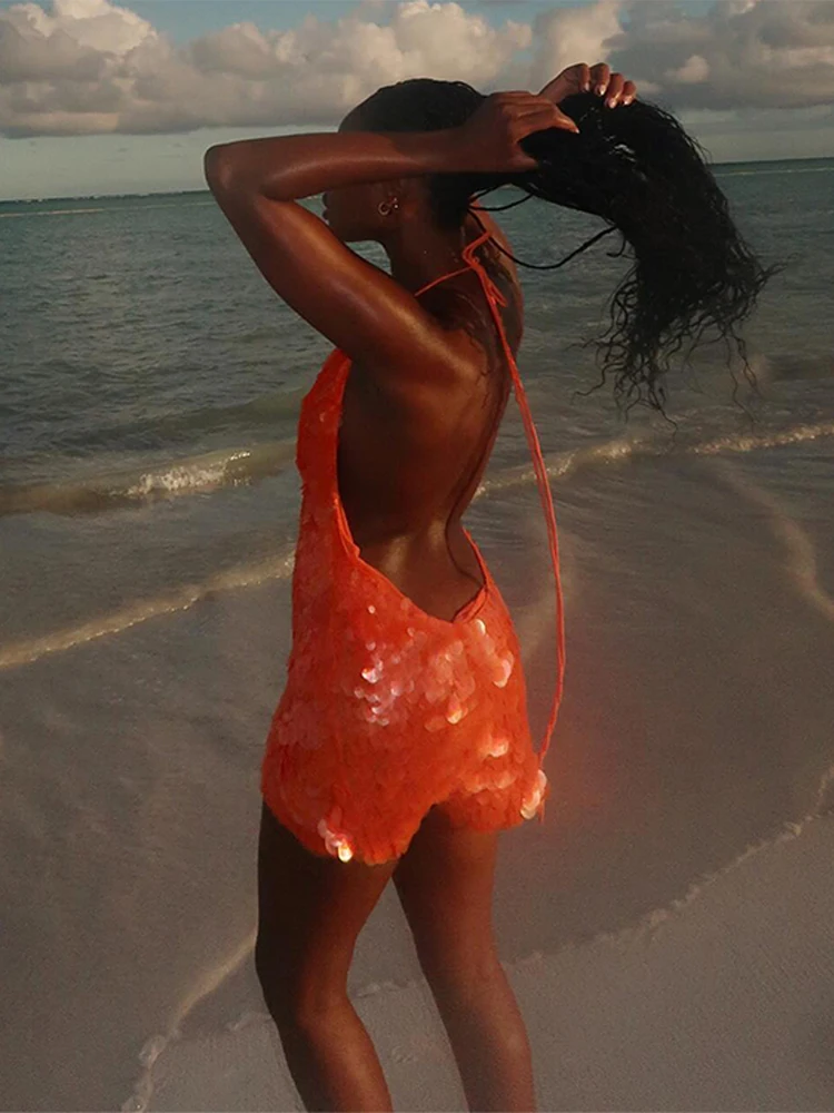 Glitter Sequined Halterชุดสั้นผู้หญิงเซ็กซี่ลึกVแขนกุดBackless Lace Up Party Dresses 2025 ฤดูร้อนใหม่สุภาพสตรีBeachwear