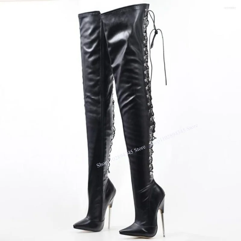 

Black Lace Up Over Knee High Boots Pointed Toe Zipper Leather Fashionable Novel Sexy Woman Shoes Winter Party Zapatillas Mujer