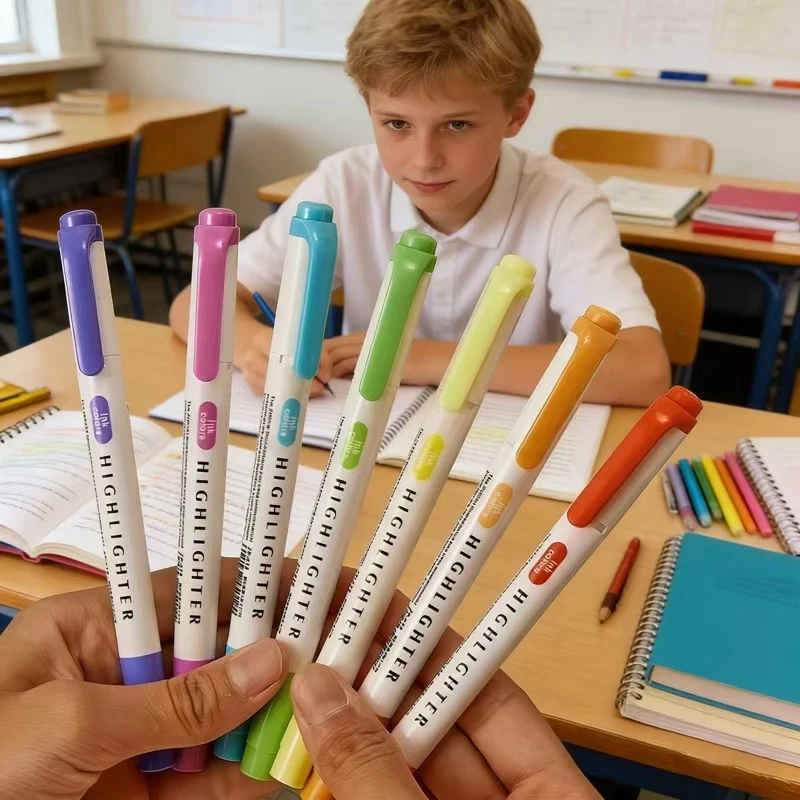 5Pcs Double-Tip Highlighter Set, Pastel Fluorescent Markers, Cute Japanese Style Stationery for Art & Study Highlighting