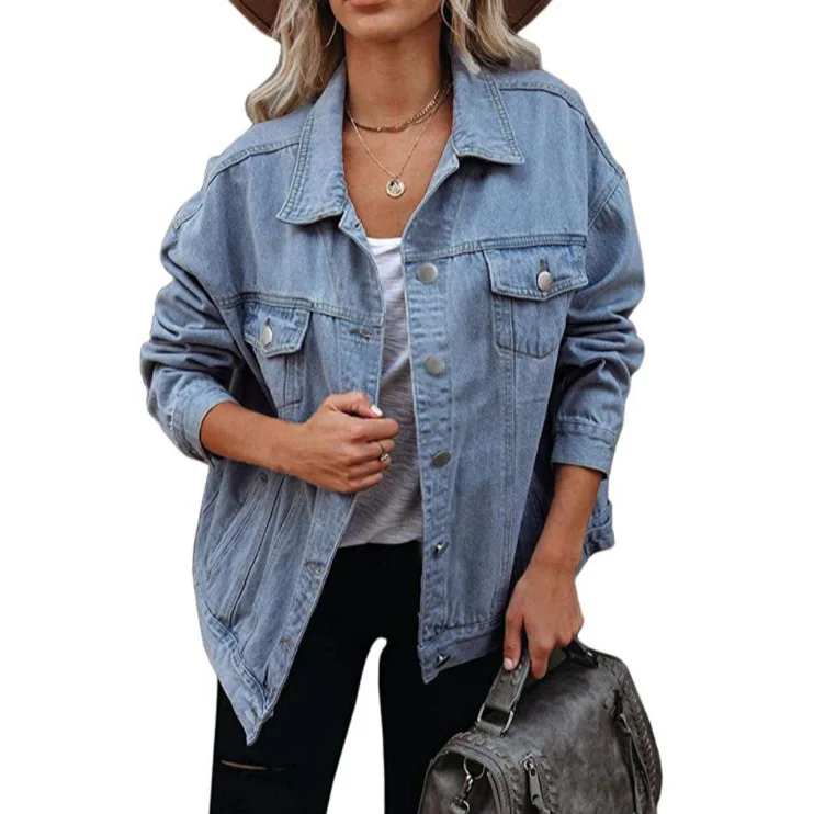 

Women's Loose Denim Jacket, Classic Long Sleeve Button Down Boyfriend Jean Trucker Jacket