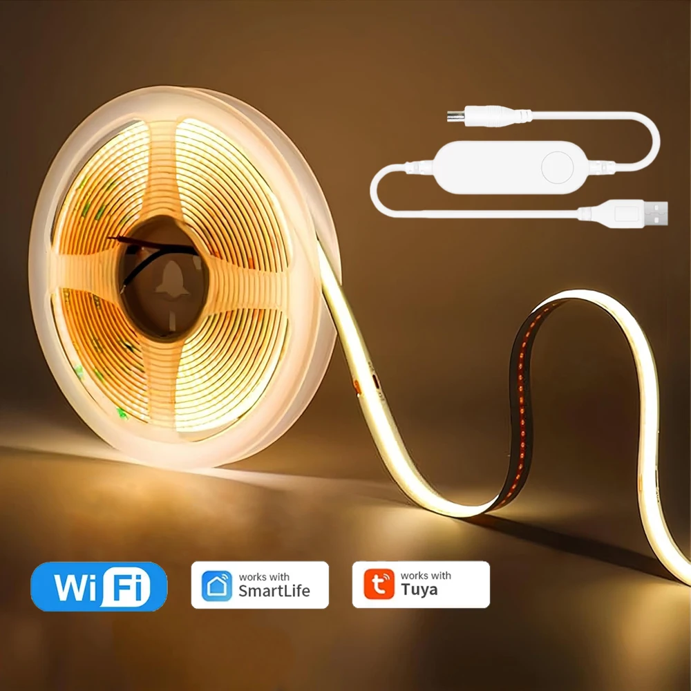 USB Smart Life WiFi COB LED Strip 5V 1m 2m 3m 4m 5m Warm white Dimmable Tape Night Light Cupboard Room Decor F Alexa Google Home