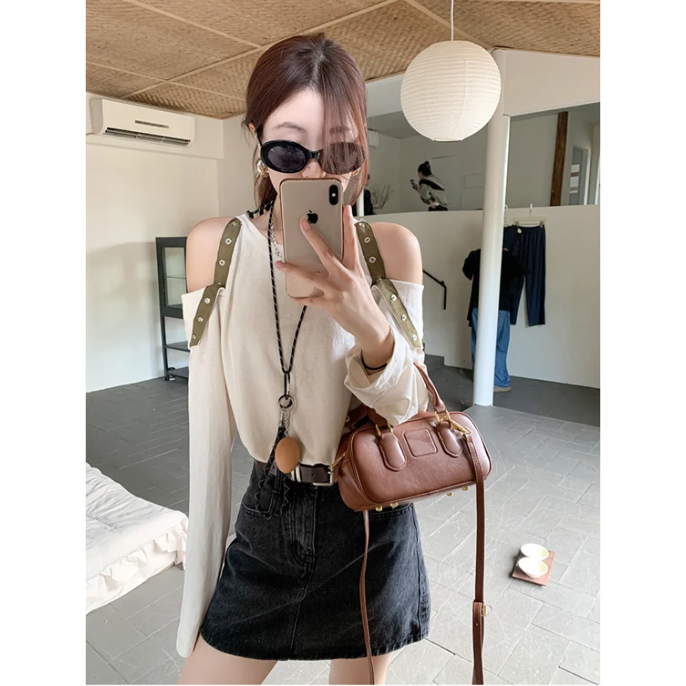 Long Sleeved T Shirts Aesthetic Womens Spring Layered Pleat Crew Neck Button Down Ruffle College Uniform Versatile Delicate Tees