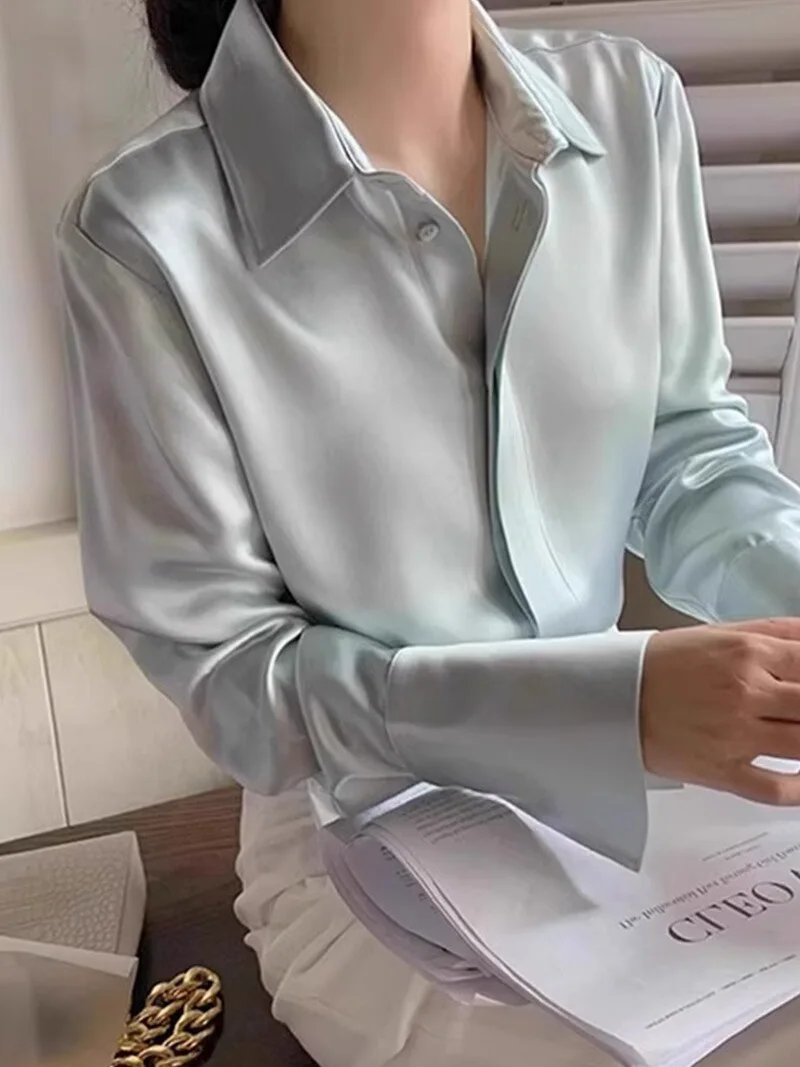 

Весенняя женская блузка из ацетатного атласа с длинным рукавом, модный офисный топ для ранней осени, элегантный стиль, с воротником, легкий крой.