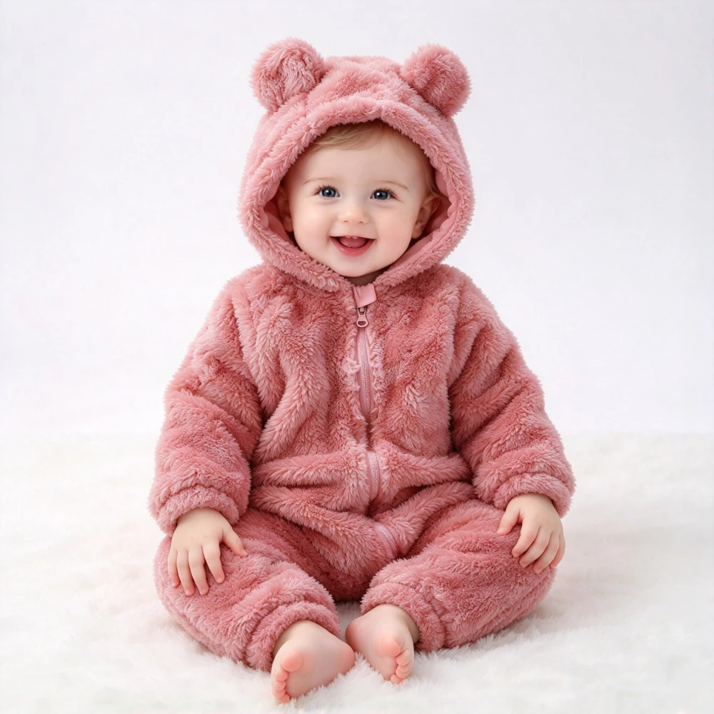 Fluffy Plush Baby Bear Hooded Romper 0-18M Full Zipper Jumpsuit Newborn Infant Cute Animal Costume Autumn Winter Warm Onesie