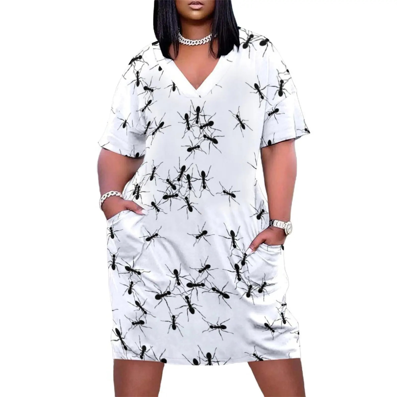 

Teamwork Design. Random Ant Pattern. Black and White Loose Pocket Dress luxury dresses Woman fashion