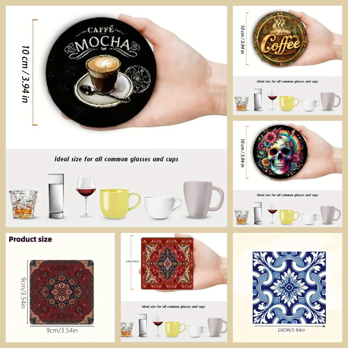 6 Anti-Slip and Heat-Insulating Wooden Coasters with Mandala/Cartoon Patterns, Suitable for Kitchen and Office Festival Gifts
