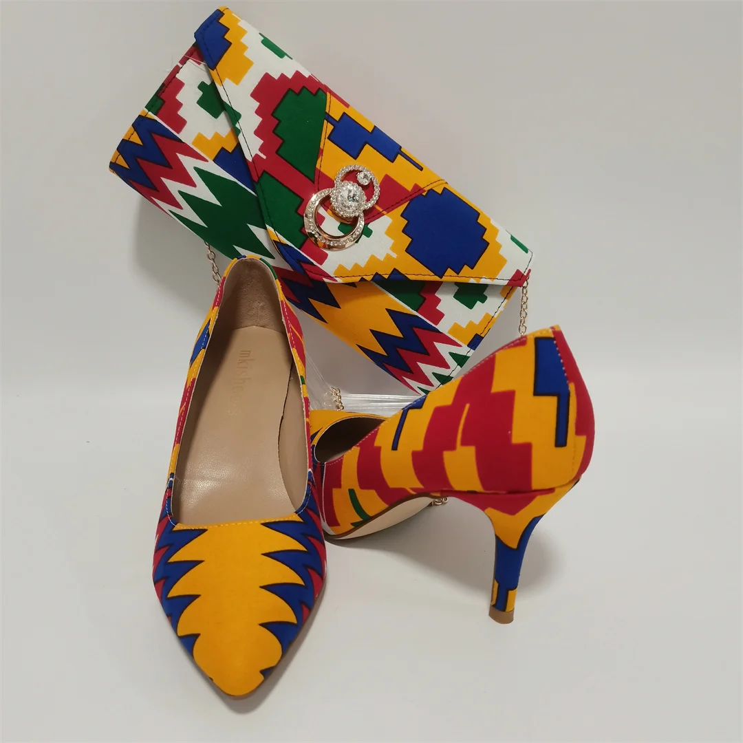 Fashion African Women Wedding Party Wax Shoes and Bag to Match Nigeria Ankara Style Print Shoes Bag Set F1110-1