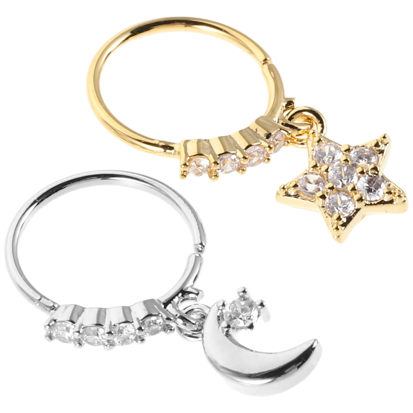 

2 pcs Star Moon Nose Hoops For Women Creative Piercing Jewelry Metal Rhinestones Trendy Unique Nose Rings Decor Gift Fashionable
