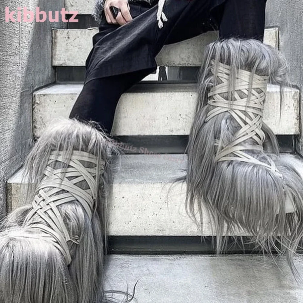 Faux Fur Furry Winter Warm Boots Mid Calf Lace-Up Platform Round Toe Height Increasing Fashion Novelty Concise Sexy Women Shoes