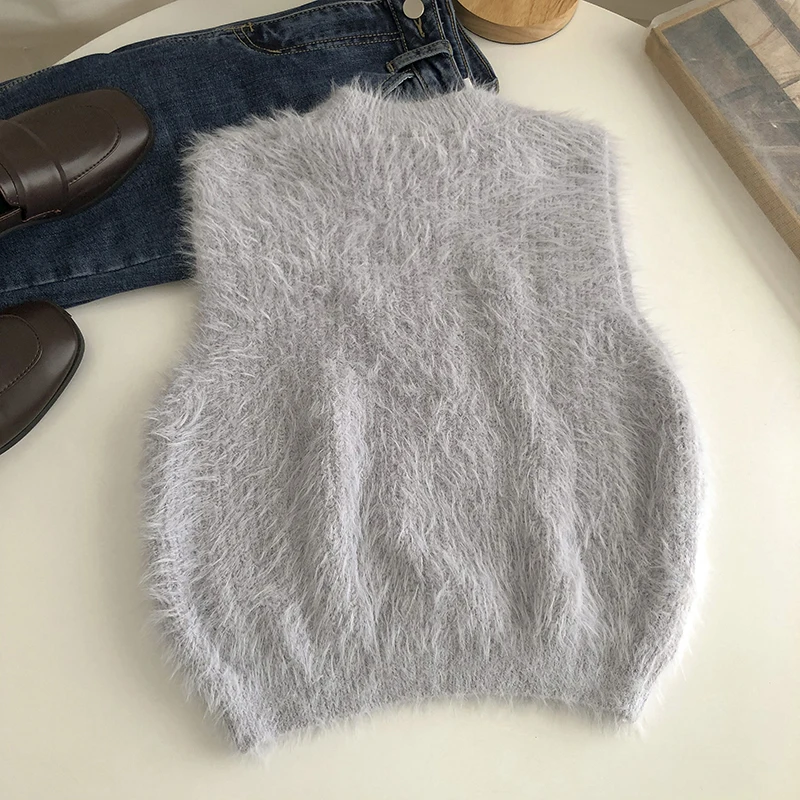 Women Faux Mink Thin Sweater Vest Solid Sleeveless Tank Tops O-neck Jumpers Casual Tank Tops Summer Sexy Slim Elastic Camis Y2K