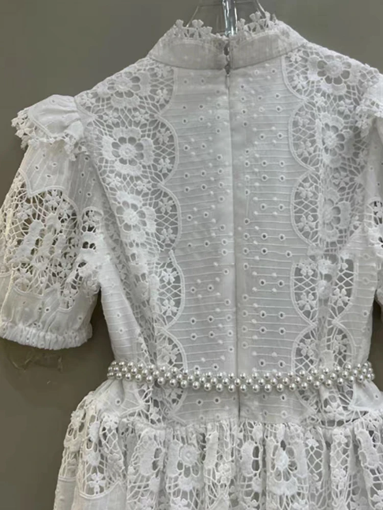 Abito a vita alta monopetto scavato con ricamo vintage da donna estivo 2025 Gonna pouf allentata moda + cintura di perle