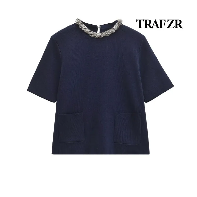 TRAF ZR Knit T-shirt Elegant Tops Y2k Casual T-shirt Harajuku Fashion Autumn Blue T-shirts Beading O-Neck Short Sleeve T-shirts