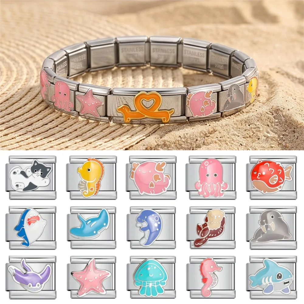 Cartoon Sea Animals Italian Charm Octopus Seahorse Shark Starfish Dolphin Bead DIY Stainless Steel Link Bracelet Gift For Women