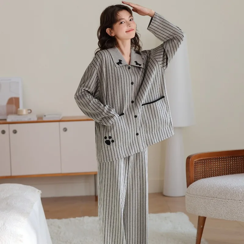 100% Cotton Long Sleeve Cardigan Pajamas Women Sweet New Fashionable High Quality Loungewear Set Wearable Two Piece Outfit 2XL