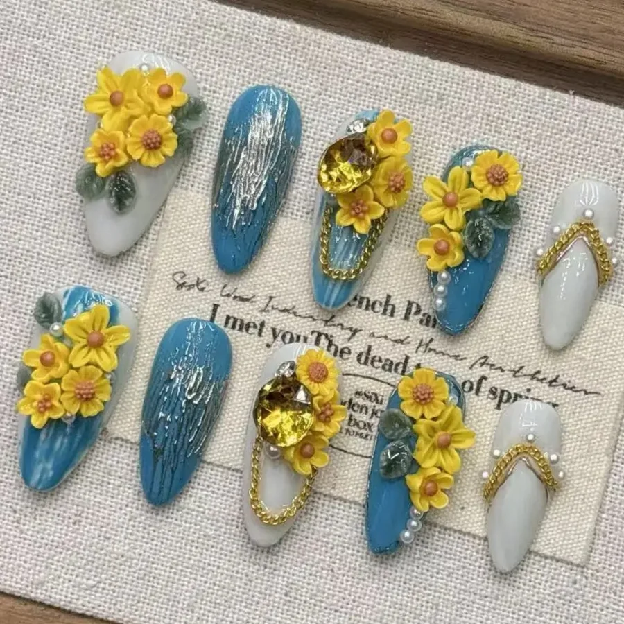

3D Yellow Floral Press On Nails With Rhinestones Chains Pearls Multiple Sizes Blue White Flowers Rhinestones Design spring