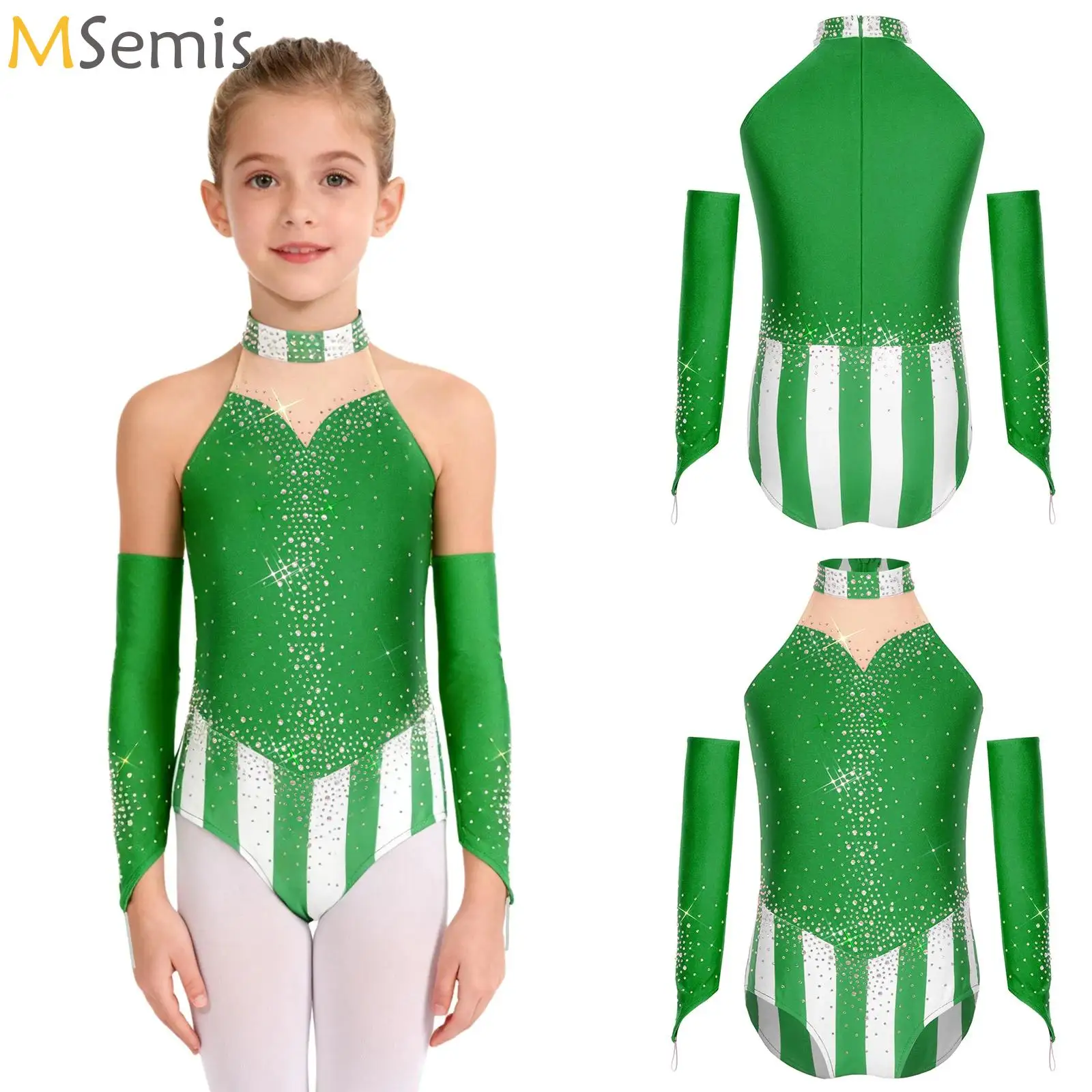 Leotardo de baile y gimnasia para niñas con guantes, traje de actuación en escenario, baile de Ballet, mono de elfo de Navidad sin mangas con lentejuelas