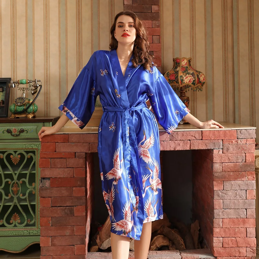 Long Kimono Bathrobe Gown Print Crane Sleepwear V-Neck Nightgown Satin Robes for Women  Intimate Lingerie Loose Loungewear