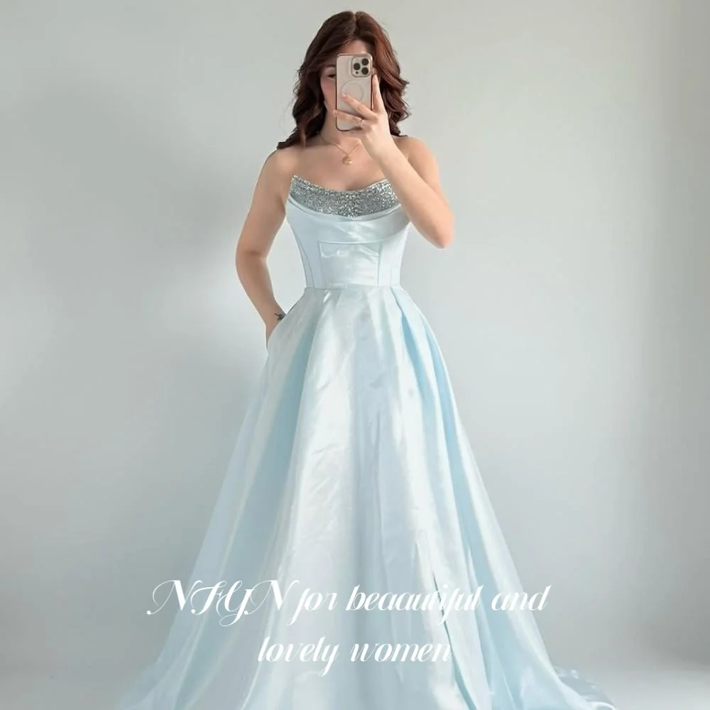 

NFYN Sky Blue Long Stain Party Dress A Line Sequins O-Neck Night Dress Sleeveless with Pleat Evening Gown Sweep Train Customized