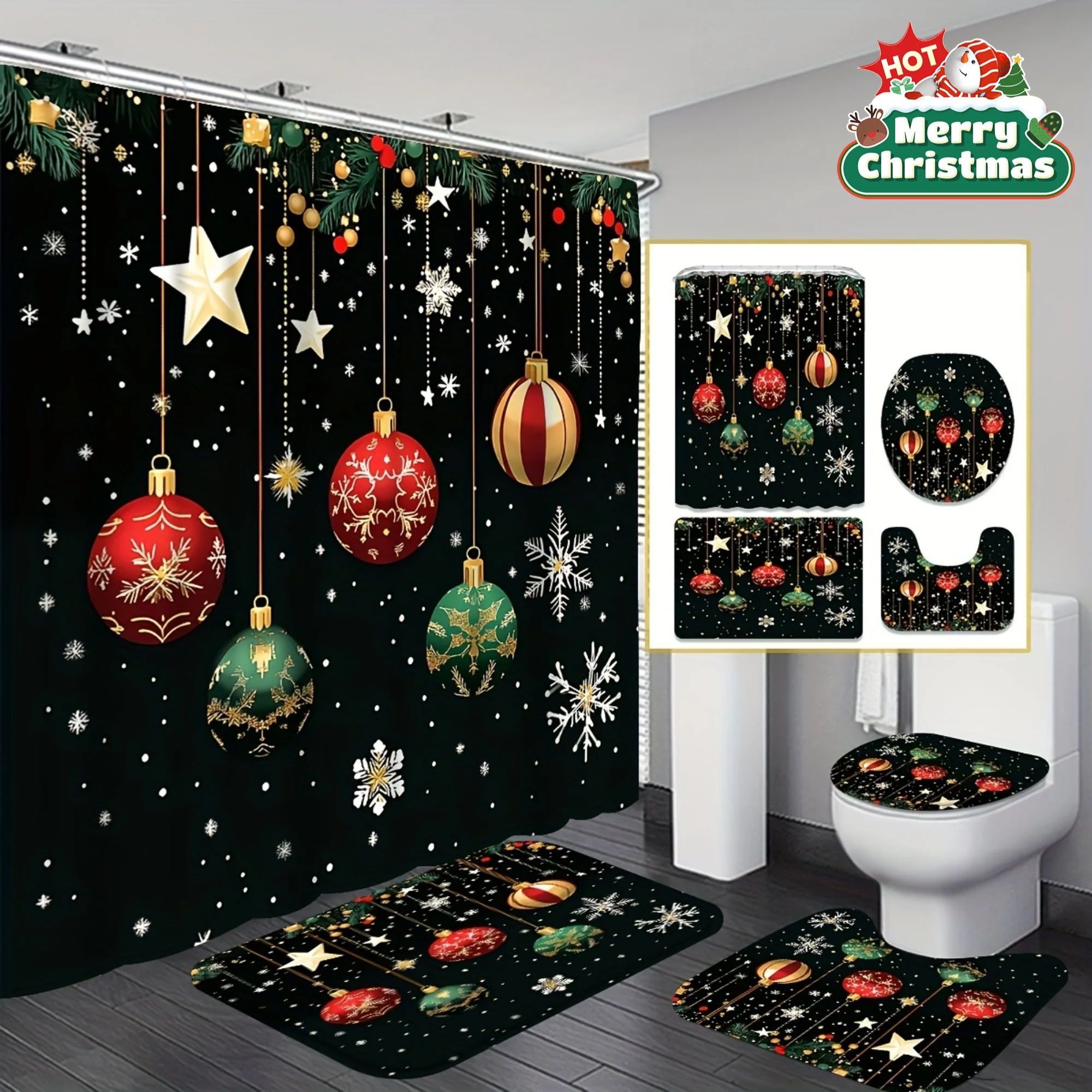 4pcs Christmas Ball Shower Curtain Set, Red Green Bathroom Decor with Non-Slip Mat, U-Shape Toilet Cover & 12 Hooks
