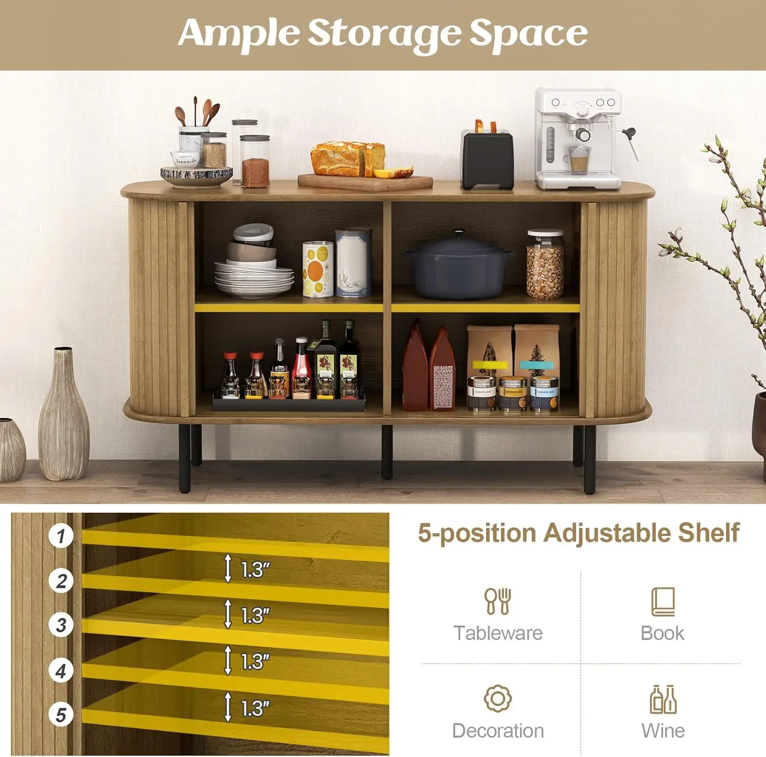 خزانة تخزين المطبخ، خزانة بوفيه مقاس 47 بوصة مع مساحة تخزين، خزانة جانبية خشبية مع بابين منزلقين، أرفف قابلة للتعديل، ائتمان