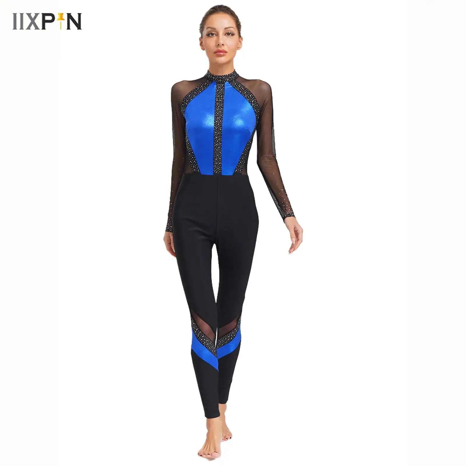 

Womens Gymnastics Dance Jumpsuit Sparkling Rhinestones Full Body Leotard Sheer Mesh Patchwork Color Block Long Sleeve Bodysuit