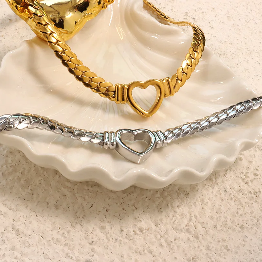 Peri'sbox Stainless Steel Solid Gold Pvd Plated Chunky Thick Chain Hollow Heart Choker Necklace for Women Street Fashion Jewelry view 5