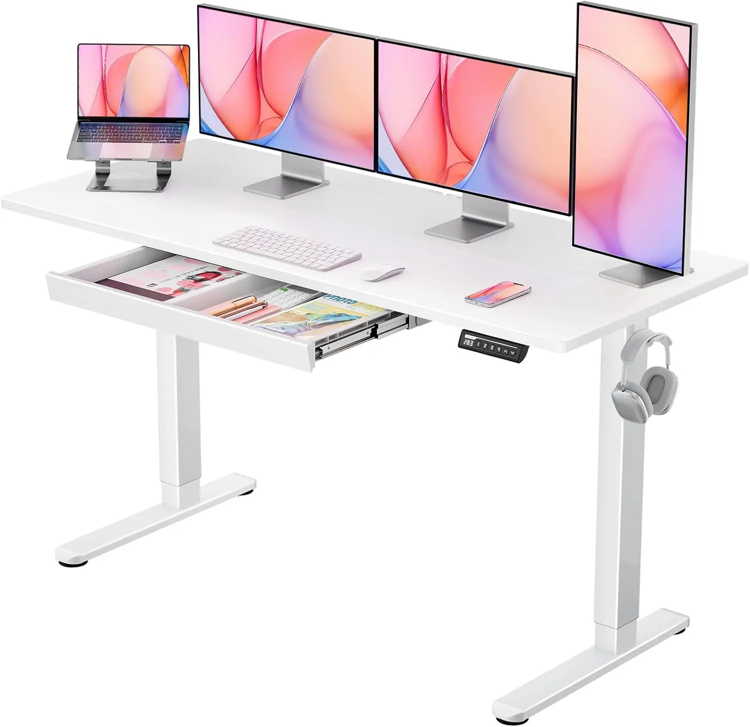 Standing Desk with Drawer, 55 x 24 inch Electric Height Adjustable Desk with 4 Preset Heights & 2 Storage Hooks, Sit Stand Desk