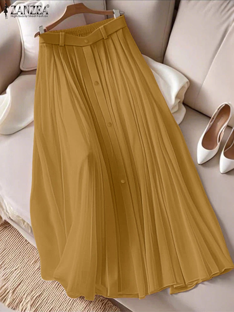 ZANZEA mode Jupes longues femmes automne élastique Wais Jupes décontracté plissé Faldas Saia 2025 élégant couleur unie fête Maxi bas