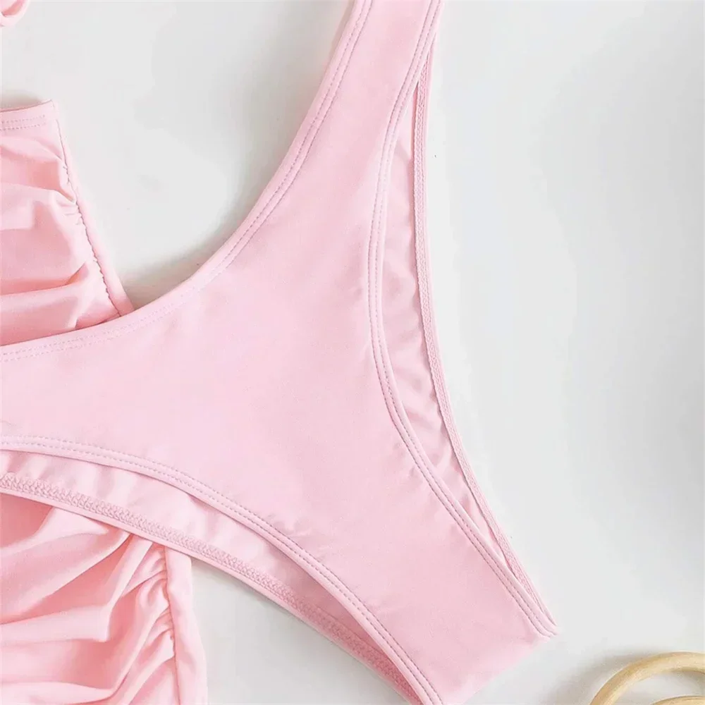 Cute Pink Ruched Swimwear Push Up Bandage Bikini Thong Pleated Swimsuit 3 Piece Women\'s Skirt Beach Outfits Bikinis Bathing Suit