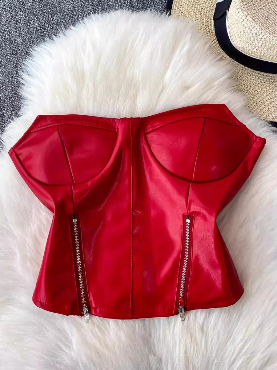 Foamlina Trendy Sweet Cool Hot Girl PU Leather Bandeau Vest European vintage Slim Fit Zipper Tie Up tube Top camisole