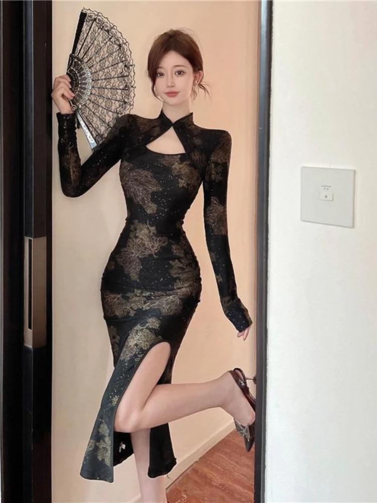 150kg 5XL Plus Size Chinese Style Cheongsam Sexy Women Vintage Long Sleeve Qipao Slim Split Midi Dress Cosplay Long Vestidos