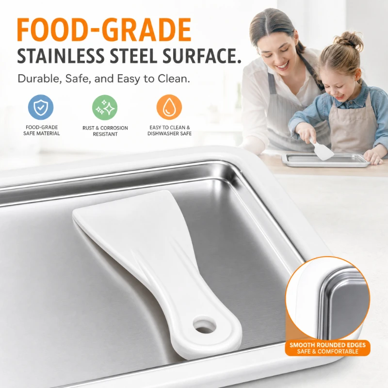 Portable Ice Cream Maker Machine Non Electric Stainless Steel Frozen Yogurt Pan with Spatula for Home
