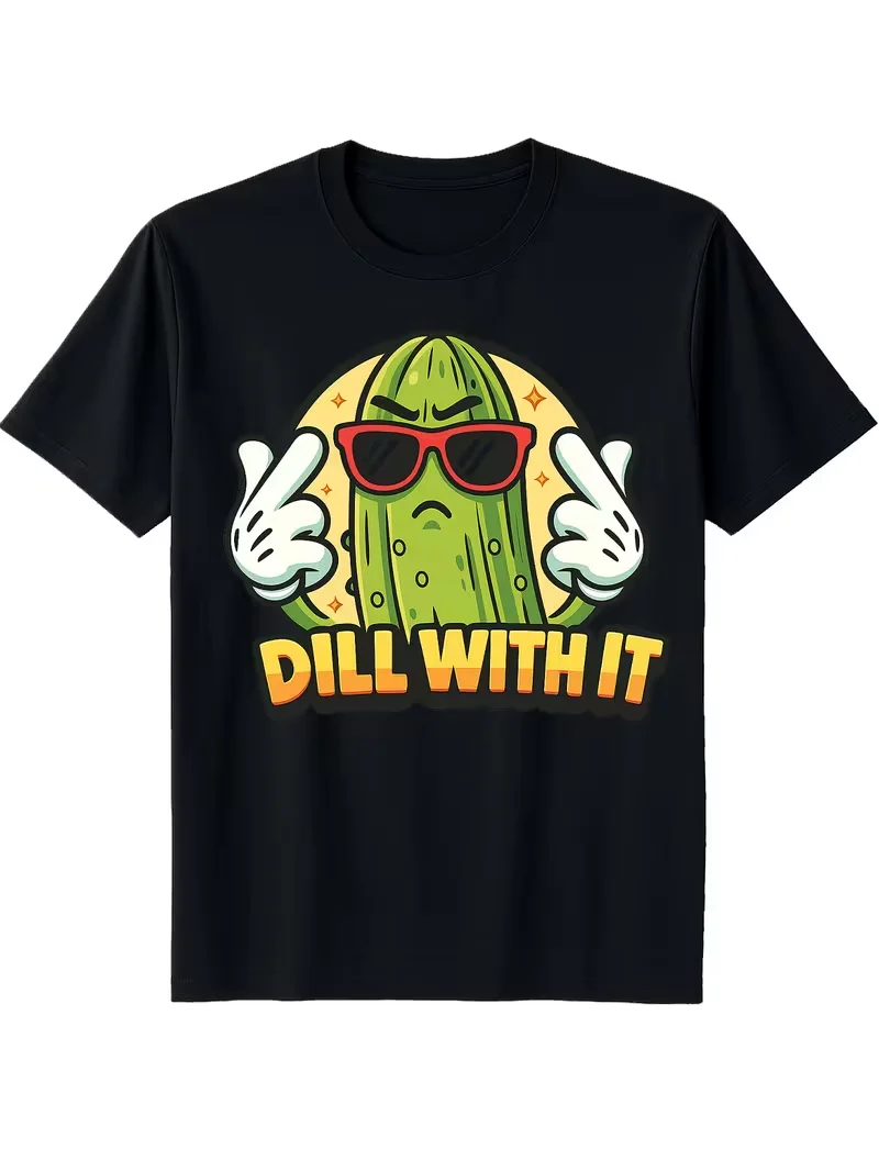 Dill with It Pickle Print T-shirt Funny Cartoon Graphic Short Sleeve Tops Men Casual Loose Streetwear Daily Wear Tee