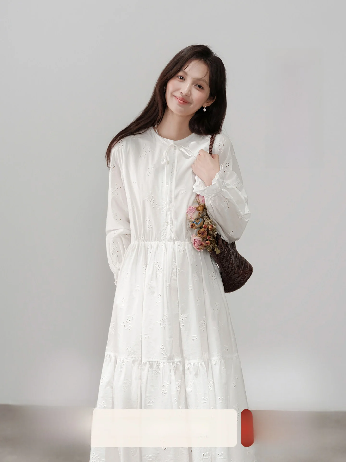

Mu Soft Breeze Embroidered Long Sve Dr Women's New 2025 Spring Design Hollow out White Long Dr Cotton A-Line Skirt