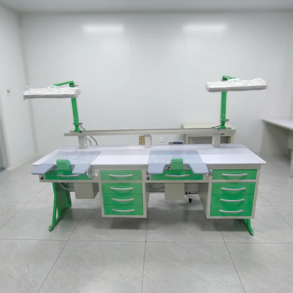 Dental Lab Bench Workstation Magnifying Glass Lamp Two-Person 2.15m CE Certified Cold-rolled Steel 2200W 125kg Load Capacity