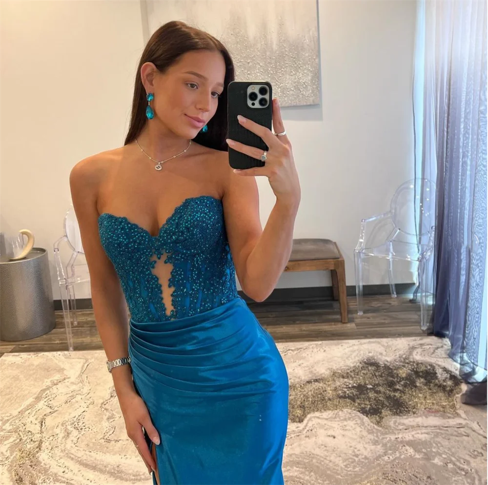 Jessica Blue Prom Dresses Sexy Strapless Side Slit Lace Embroidery Evening Dresses Mermaid Satin Formal Occasions Party Dresses