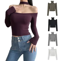 Women's Off Shoulder Crop Tops, Lady T Shirts, Choker Neck, Slim Fit, Long Sleeve, Cotton Tops, Hollow Out, Sexy Halter T-Shirt