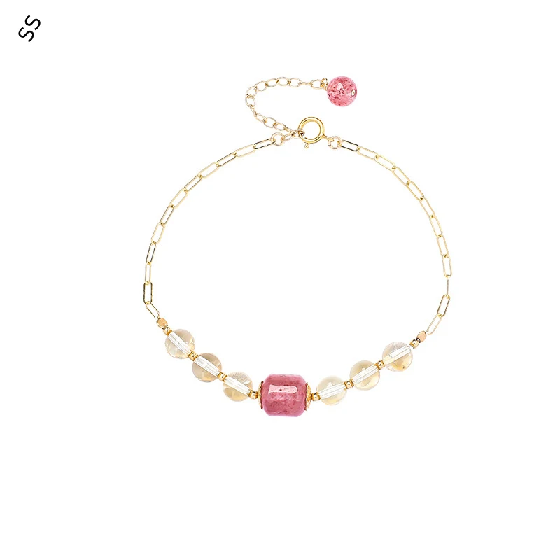 

Hand Accessory Natural Yellow Crystal Strawberry Beads Bracelet Fashion Golden Metal Chain with Adjustable Length around 16-18cm