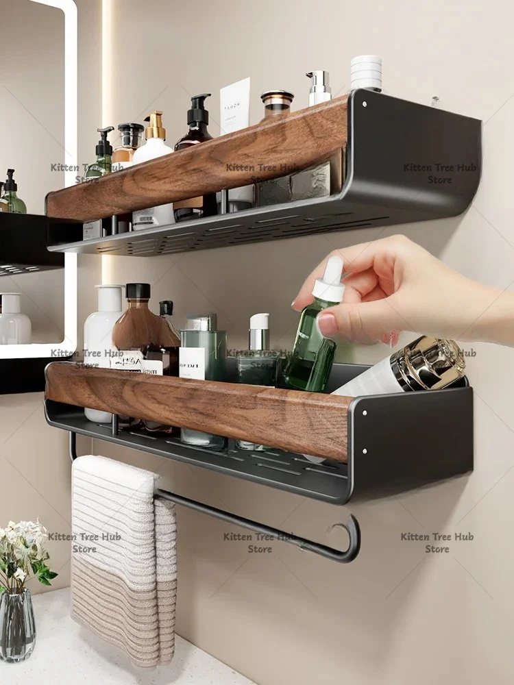 Walnut toilet rack Wall-mounted non-punching bathroom toilet washstand Towel rack Cosmetics storage