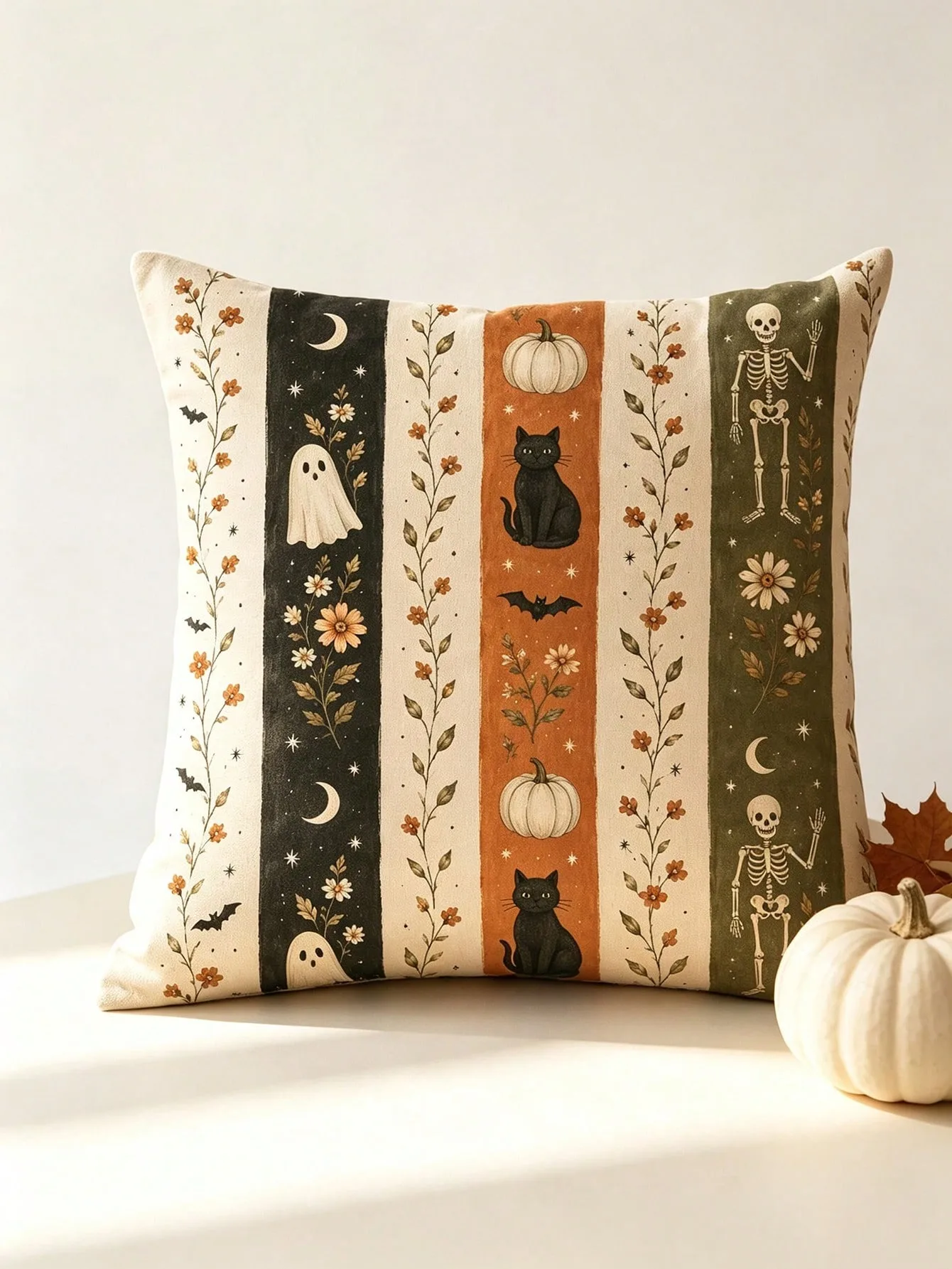 1pc Fall Halloween Cushion Cover, Polyester 2D Double‑Sided Print Floral Ghost Skeleton Black Cat Pumpkin for Living Room Bedroo