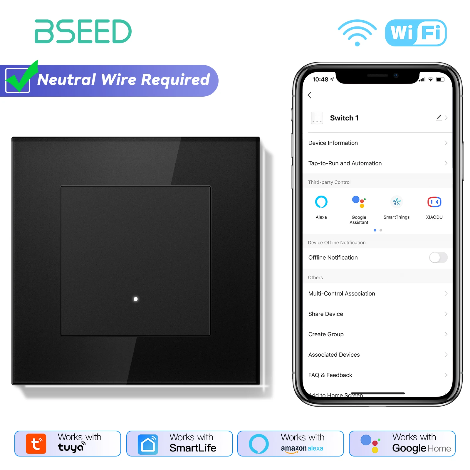BSEED WLAN Smart-Schalter 1-fach/2-fach Wand-Smart-Klick-Lichtschalter mit schwarzem Glasrahmen, gelber Hintergrundbeleuchtung, EU-Standard, Tuya APP-Schalter, 3/5/10er-Pack, Neutralleiter
