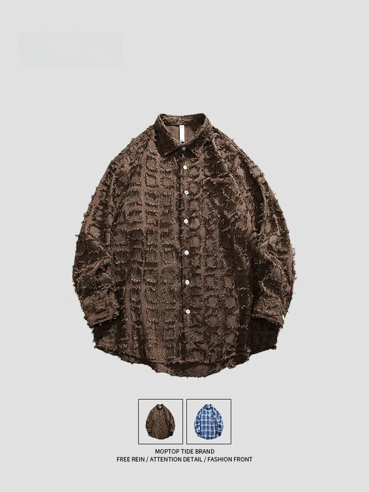 

Casual Long Sve irt Men's Outerwear Versatile Loose Fit Hong Kong Sle Tassel Destroyed Trendy irt for Couples Autumn