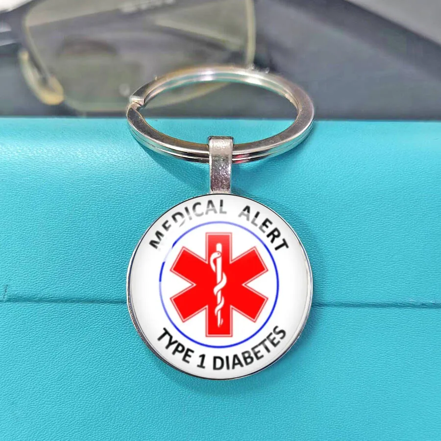 Diabetic Emergency Medical Alert Keychain Disease Warning Glass Cabochon Round Key Ring Health Tag Charm Gift For Men Women